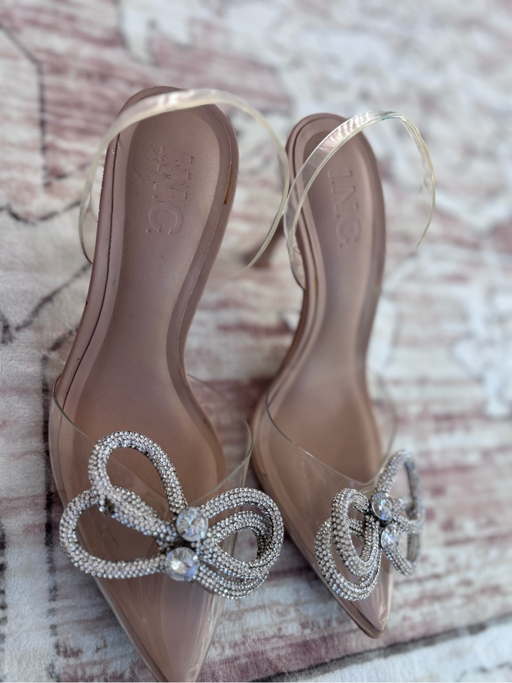 Women’s Clear Pointed Toe Slingback Flats with Crystal Bow - Blush